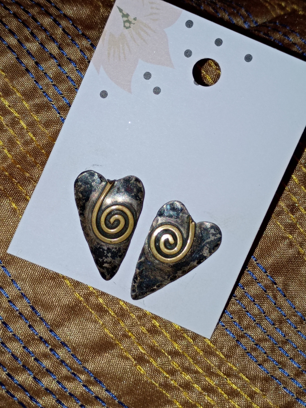 Handcrafted Dark Patina Heart Stud Earrings with Gold Spiral Accent